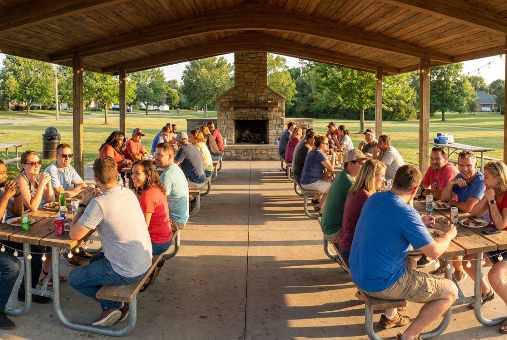 A picnic gathering at an outdoor pavilion with a central fireplace in a park setting.