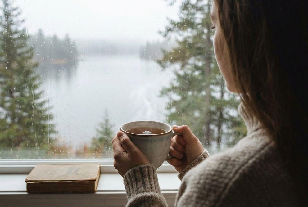 A woman holding a cup of coffee while looking out a window at a lake and trees.
