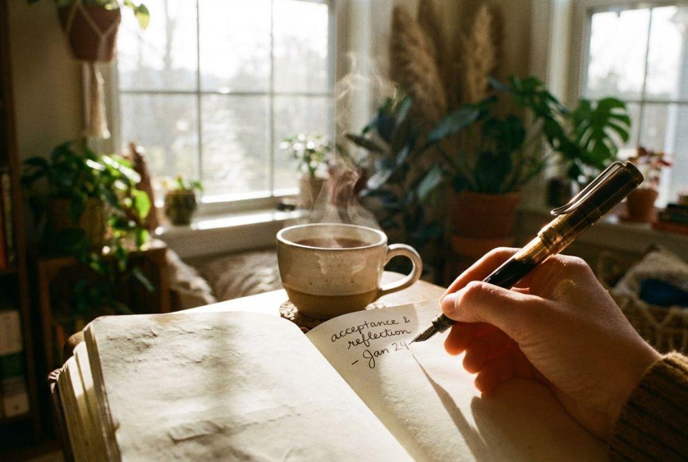 A woman writing in a notebook with a steaming coffee mug nearby in a cozy, sunlit room.