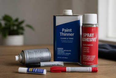 A versatile collection of paint thinners, spray adhesive, and markers on a wooden surface.