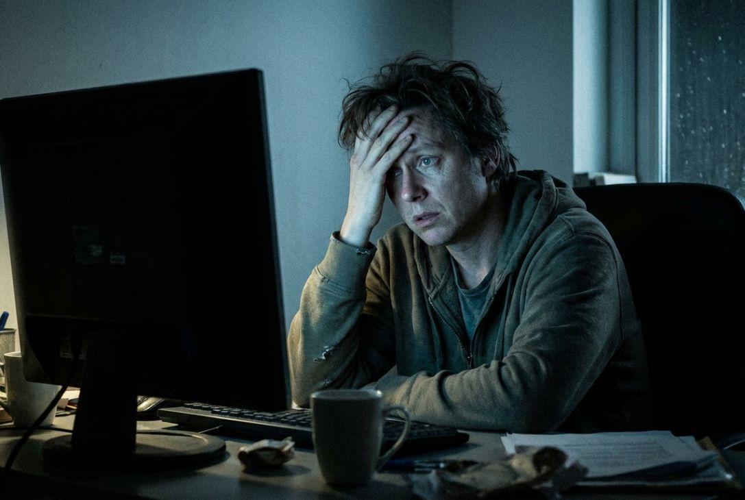 Feeling overwhelmed and stressed at work, man sitting at desk with hand on forehead, looking distres.