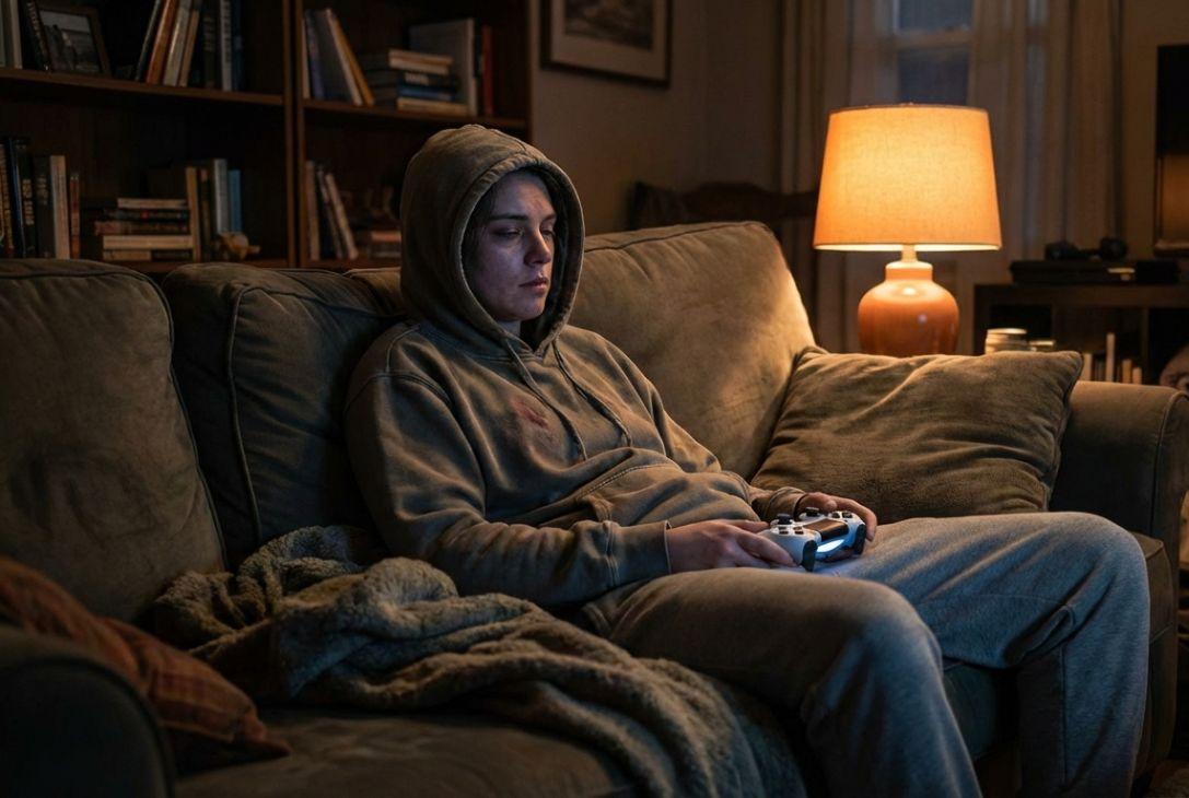 Relaxed young woman in hoodie using smartphone on sofa at home during evening.